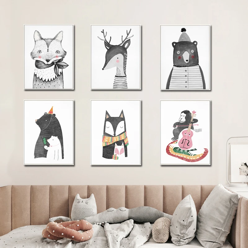 

Spray Color Bird Panda Deer Monkey Cello Cartoon Girls Canvas Decoration Painting Animal Poster Kids Nursery Room Picture