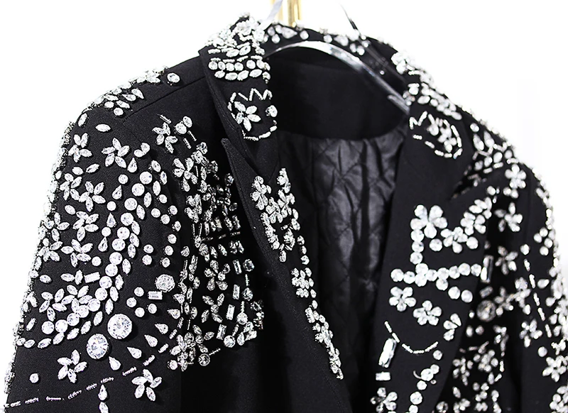 

Fur Women Rhinestone Black Blazer New Notched Collar Long Sleeve Loose Fit Jacket Fashion Tide Spring Autumn 2021 1DD3861
