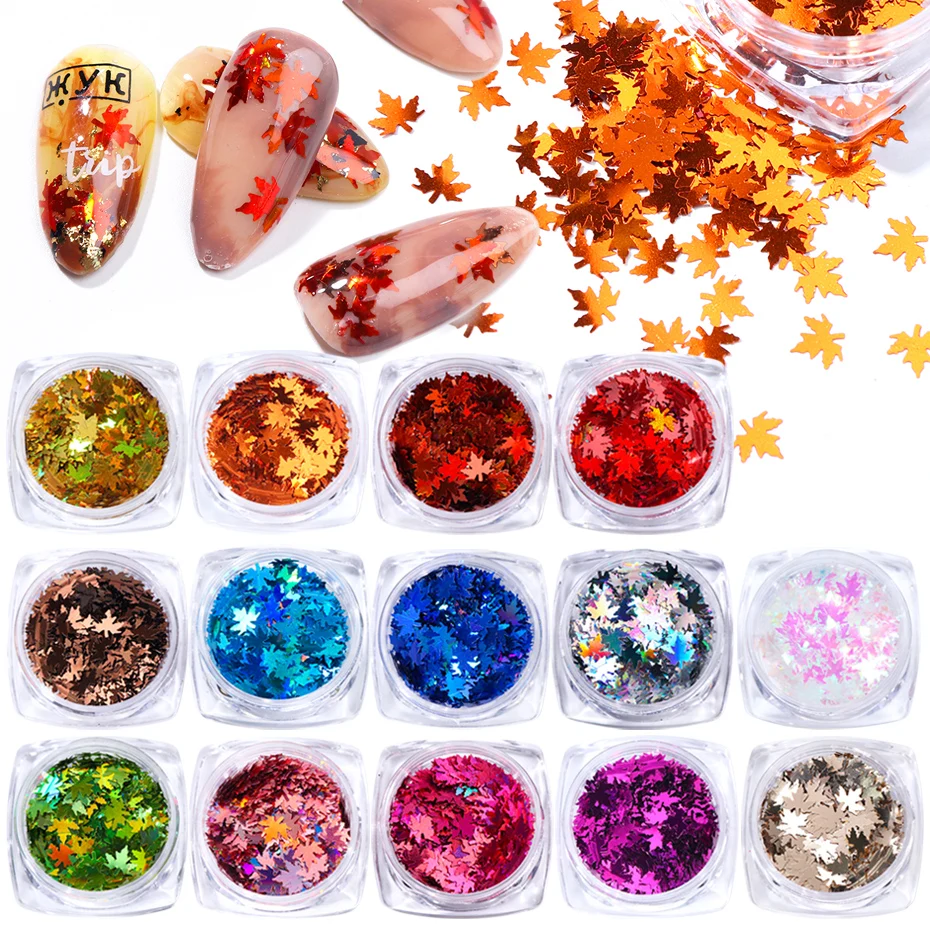 14 шт. блестки для ногтей с изображением осеннего листа 3D кленовые золотые красные