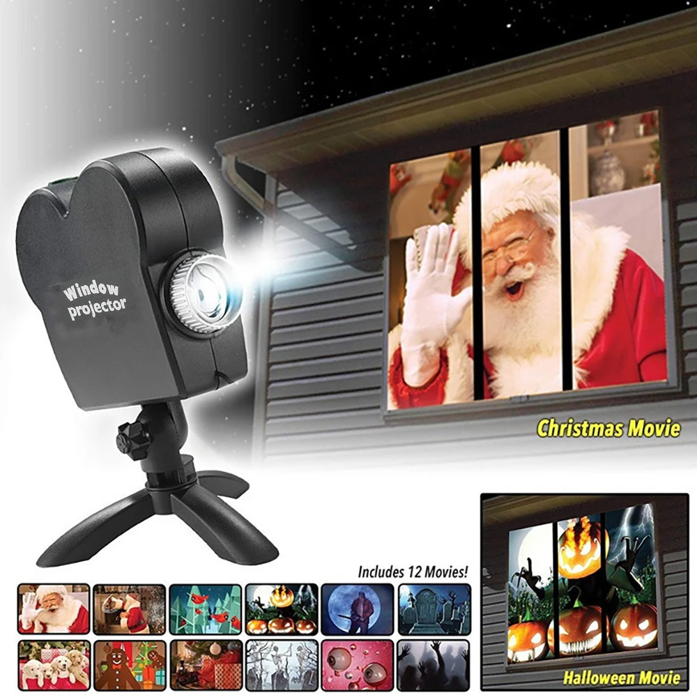

Проектор на Рождество, Хэллоуин, лампа с оконным дисплеем, 12 фильмов, лазерный Светодиодный проекционный светильник, ландшафтное Рождестве...