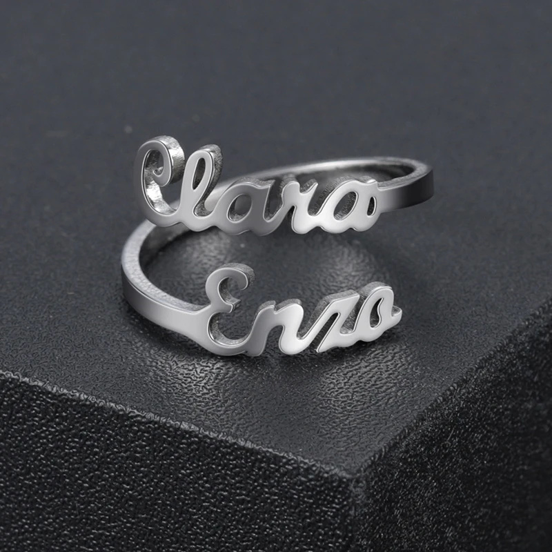 Personalized Double Custom Name Rings Stainless Steel Couples Names Letters Ring New Mom Gift Mother Daughter Family Jewelry