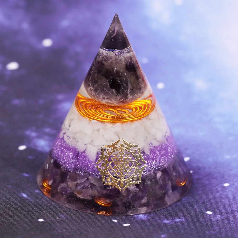 Orgonite Pyramid Amethystine With Copper Luminous Chakra Energy Handmade Resin Decorative Craft Jewelr |