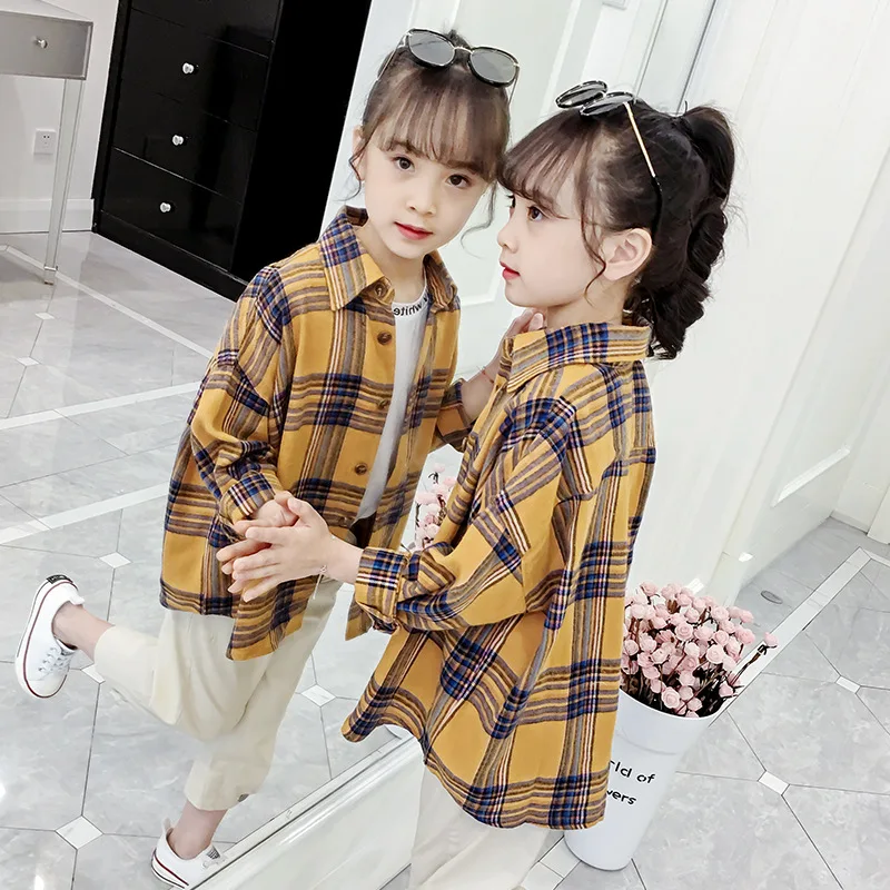 Детские рубашки в клетку желтого и фиолетового цвета Топы для маленьких девочек