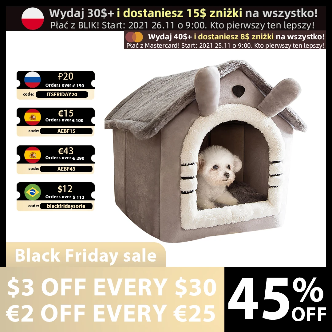 Домик Kennel для собак, мягкая кровать для домашних животных, палатка, закрытое теплое плюшевое гнездо для сна, корзина со съемной подушкой, аксессуары для путешествий и собак - изображение