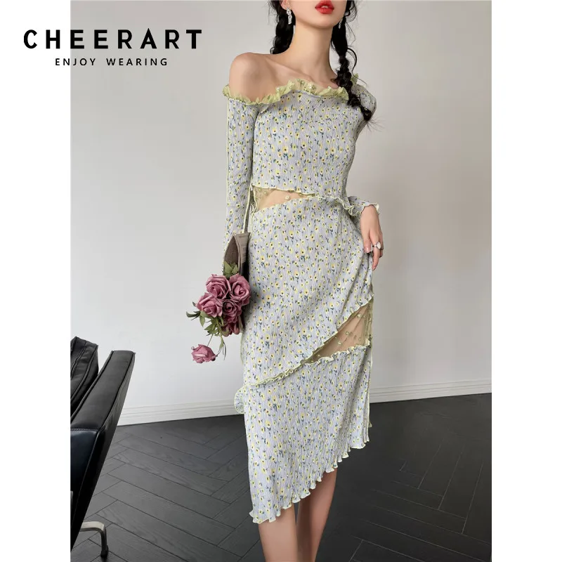 

Длинное Сетчатое платье CHEERART в стиле пэчворк с открытыми плечами, женское облегающее платье-миди с расклешенным длинным рукавом, корейская мода, осень