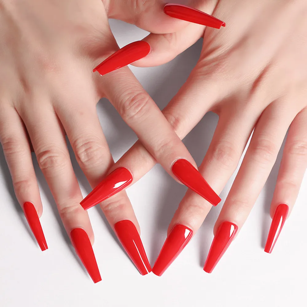 

24Pcs Shiny Red Long Ballerina Coffin False Nails With Jelly Glue Artificial Press On Fake Nails DIY Full Cover Manicure Tool