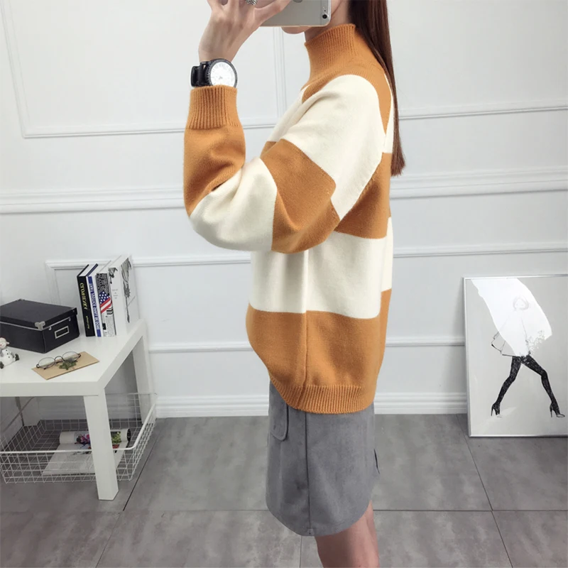 

Fashion stripe knitted half turtleneck pink sweater women korean loose jumper pullovers winter warm knitwear undershirt female