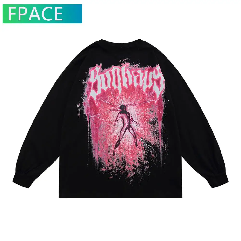 

FPACE Tshirts Hip Hop Graffiti Lightning Devil Print Gothic Punk Rock Long Sleeve Tees Shirts Harajuku Casual Streetwear Tops