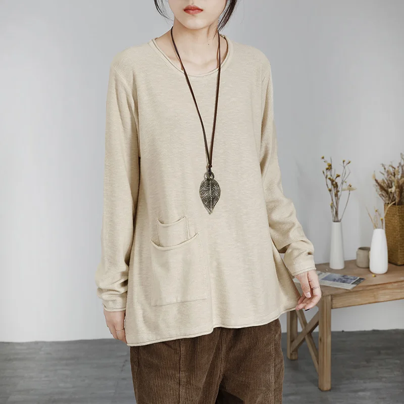 Thin Sweater Autumn Spring 2019 Women Loose Pocket O Neck Long Sleeve Big Size Basic Tops Fashion Pullovers YoYiKamomo | Женская одежда