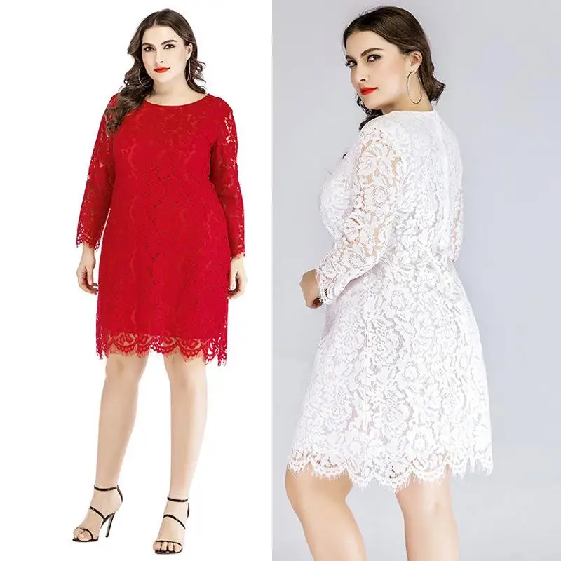 Женское кружевное платье большого размера 4XL 5XL 6XL Осеннее красное Белое офисное