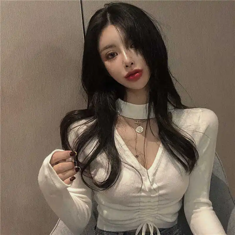 

Woman Sweaters Autumn Winter Scheming Girlish Style Wear Sexy Long-Sleeved V-neck Knitted Cropped Top With Exposed Navel