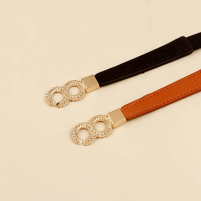 Ремень с круглой пряжкой для женщин тонкий эластичный пояс золотого цвета
