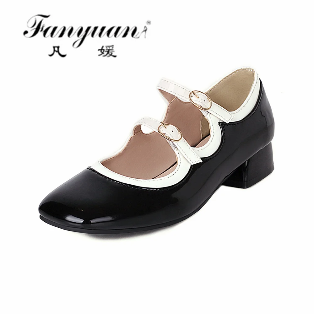 

Fanyuan Back Strap Women Sandals PU Leather Square Toe Shallow Thick low Heels Pumps 2021 Spring Newest Party Shoes Woman