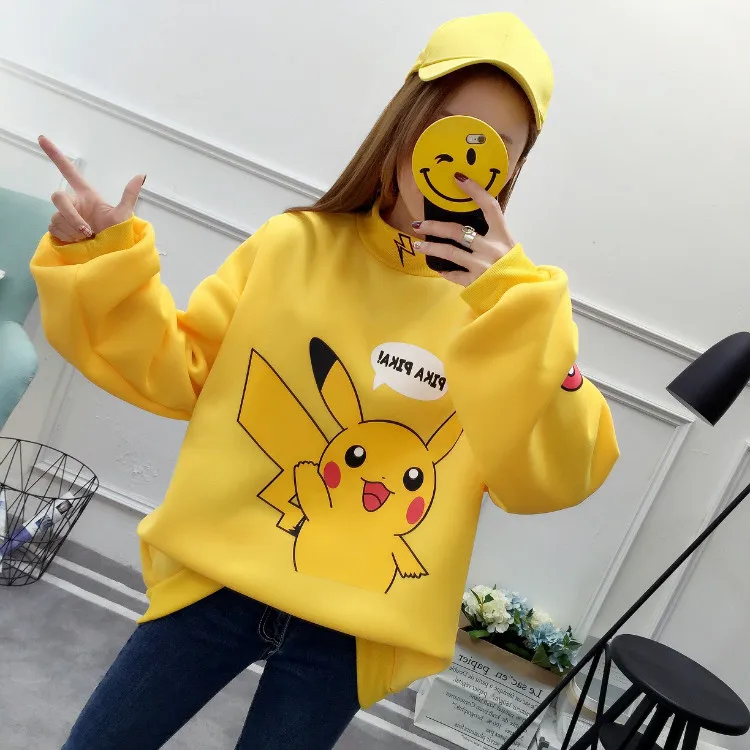 Женская толстовка Kpop осень зима флисовые толстовки желтый кавайный Пикачу с принтом Покемон Харадзюку Корейская одежда пуловер
