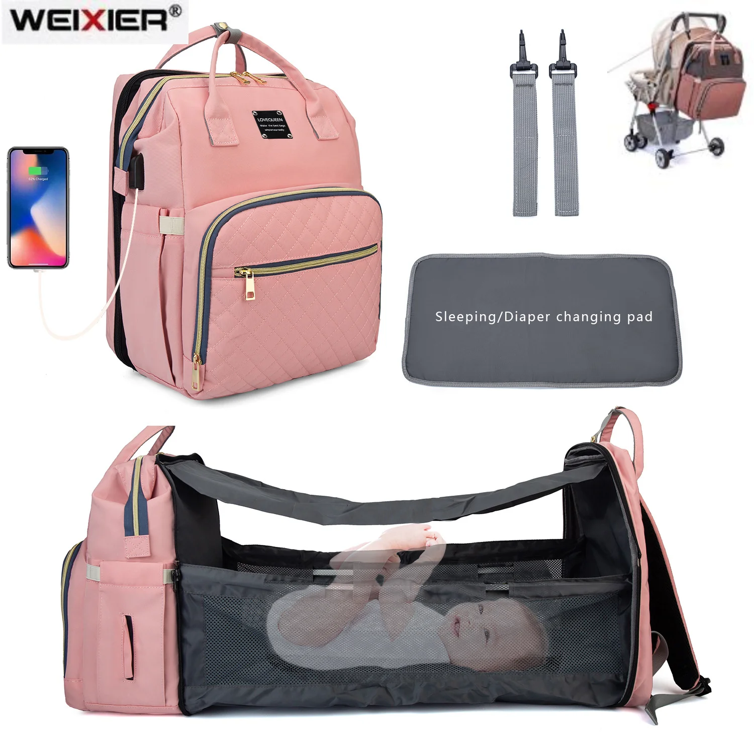 

New Sunshade Folding Diaper Bag for Baby Care Kits Bed Backpack Multifunctional Maternity Nappy Stroller Bag Outdoor Nursing Bag