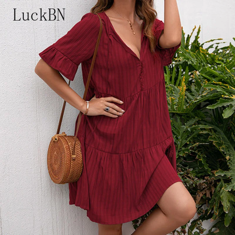 

Bandage Front Button Solid Stripe Women Dress 2021 Summer Office Ladies Sexy Deep V Neck Flounce High Waist Midi Dresses New