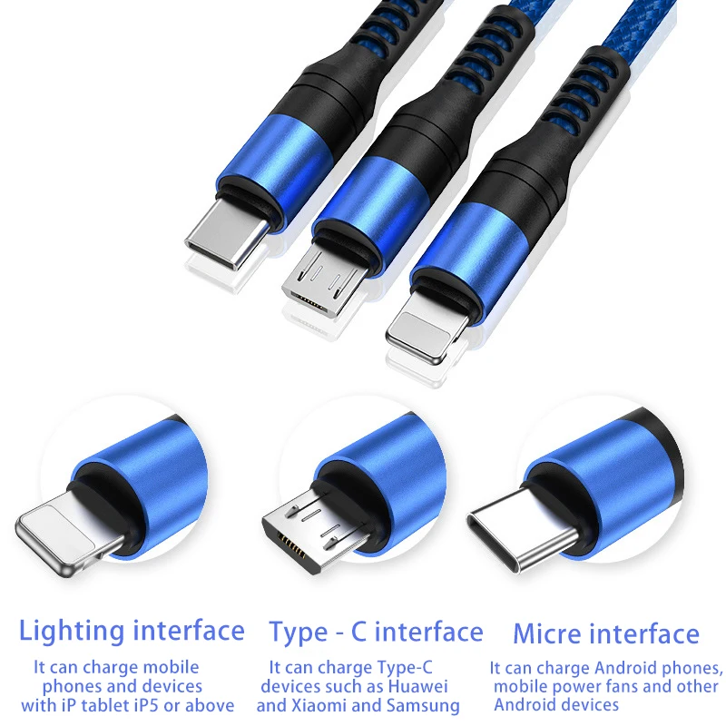 150 см 3 в 1 USB-кабель для пауэрбанка Micro USB Тип C зарядный кабель iPhone 13 12 11 Pro XR XS Max X Huawei