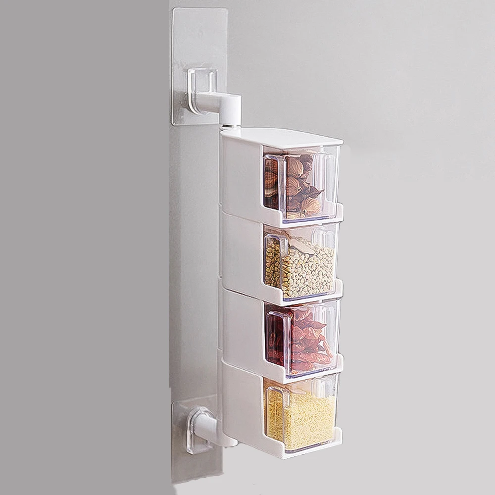 

Condiment Box Kitchen Storage Box Wall-Mounted 360 Rotatable Container Multi-Layer Drawer Multi-Layer With Spoon Cooking Tools