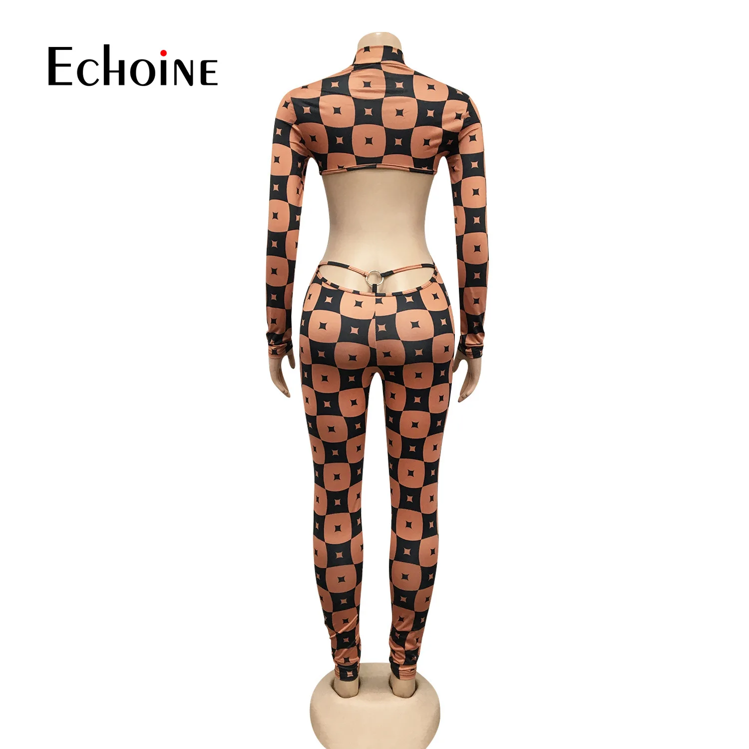 

Echoine Women Sexy Geometric Print Hollow Out Open Back Long Sleeve Bodycon Jumpsuit Fall Winter Club Party Overalls Outfits