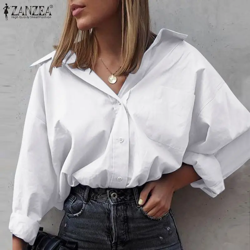 

ZANZEA 2021 Stylish Women Lapel Blouses Autumn Solid Shirts Long Sleeve Blusas Female Casual Button Pockets Tunic Oversized Tops