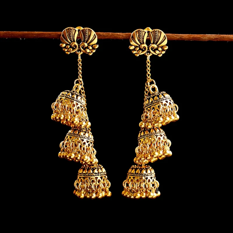 

Vintage Indian Bollywood Kundan Peacock Jhumka Jhumki Drop Earrings For Women Gold Color Long Chain Bell Tassel Gypsy Jewelry