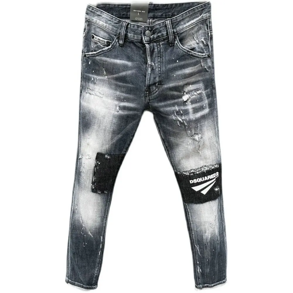 New DSQUARED2 Men's/Women's Jeans Fashion Slim-Fitting, Washed, Worn Out Paint And Broken Ink Printed Stretch Pants 052