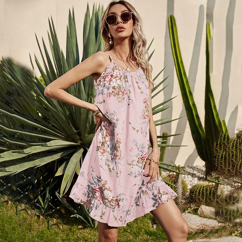

Dress Summer Women Floral Print Beach Dress Boho A-line Mini Sundress Streetwear Outfits Suspenders Sundress Temperament Sling