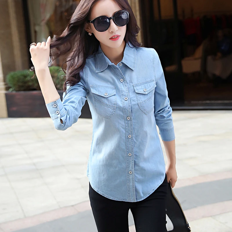 Женская джинсовая рубашка винтажная облегающая хлопковая с длинным рукавом