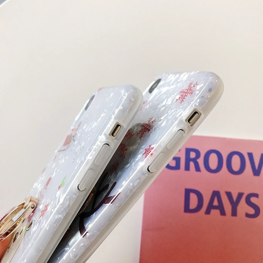 Marble Christmas Phone Case For iPhone 11 Pro X XR XS Bear Elk Cover With Finger Ring 7 8 Plus Stand |