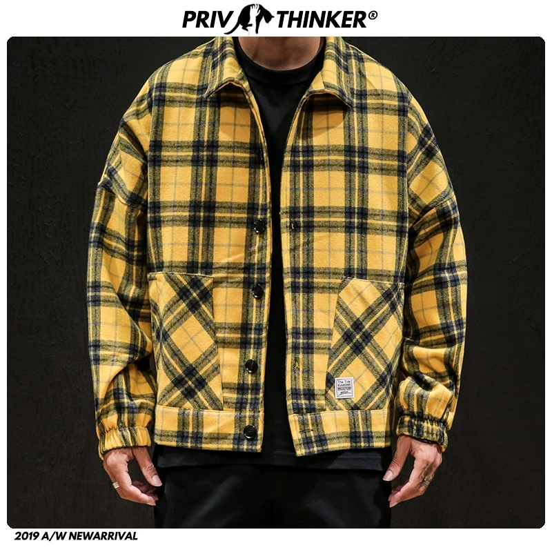 Privethinker Осенняя мужская желтая черная клетчатая куртка Зимняя шерстяная Верхняя одежда Японская уличная одежда мужская повседневная приталенная куртка