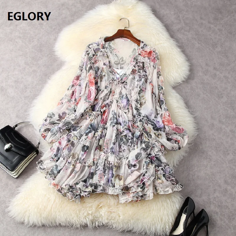 

Женское мини-платье с каскадными оборками, Элегантное повседневное платье в стиле бохо с V-образным вырезом и цветочным принтом, весна-лето ...