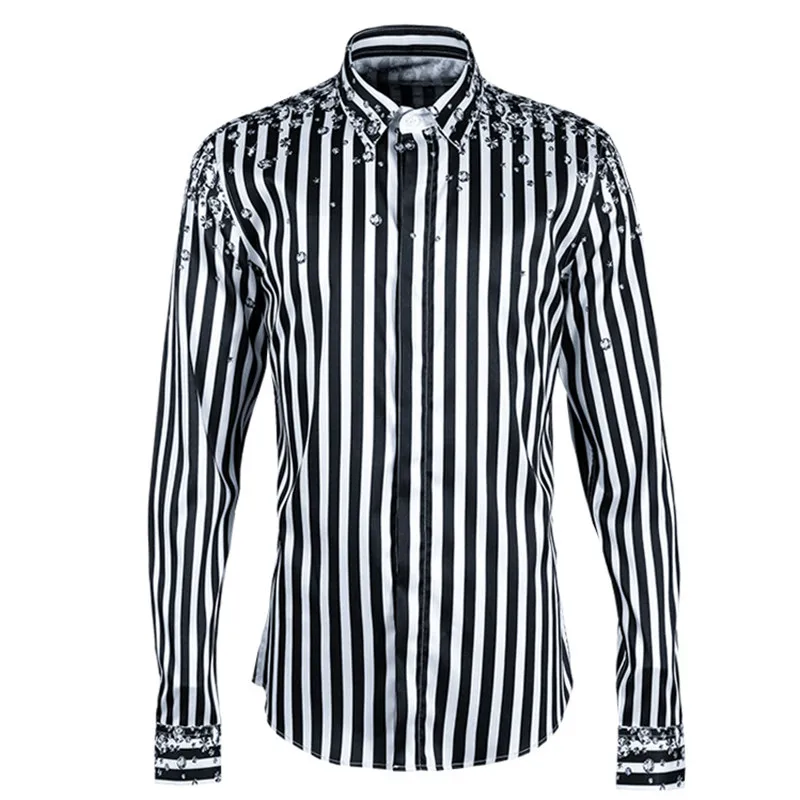 Роскошная мужская рубашка в полоску со стразами 2020 брендовая приталенная