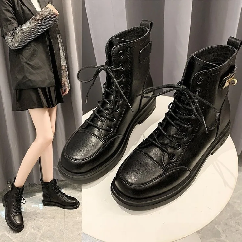 

Теплые плюшевые ботинки со шнуровкой и металлической пряжкой, осенне-зимние ботильоны, модная женская обувь, женские однотонные черные кож...