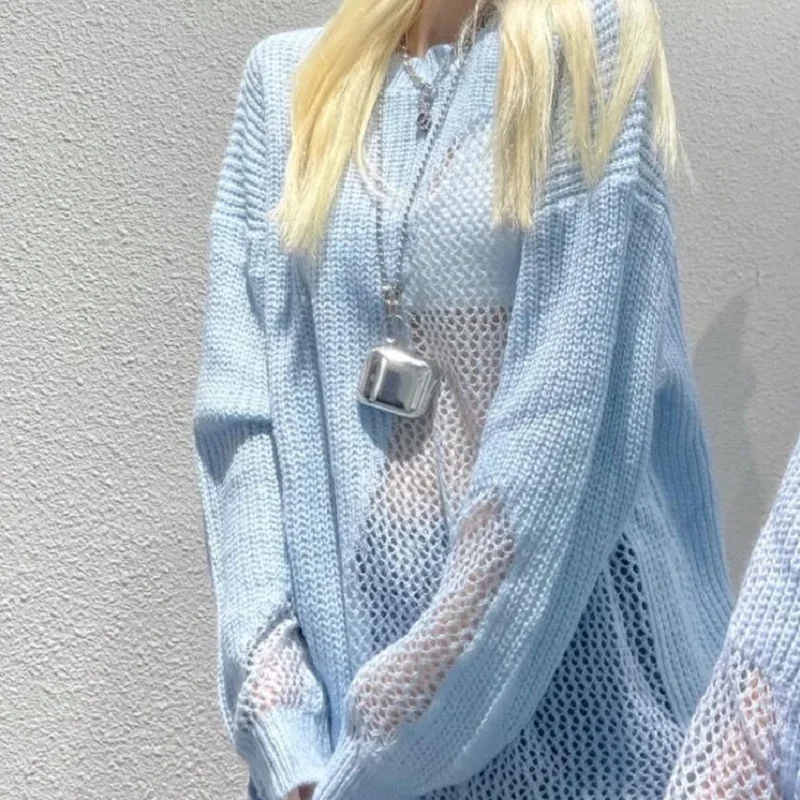 

Deeptown Korean Style Blue Knitted Sweater Women Solid Hollow Out Oversize Jumper Female Sexy Goth Pullover Autumn Long Sleeve