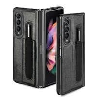 luxury pu leather phone case for samsung galaxy z fold 3 5g pc frame cover for samsung galaxy z fold 3 with pen holder case