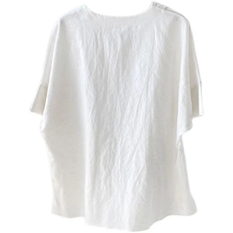 

SuperAen Korean Spring and Summer Women's Blouse Cotton Linen Loose Half Sleeve Solid Color O Neck Pullover Blouse Shirts