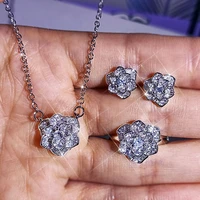 new s925 silver jewelry sets for women cubic zirconia flower necklace pendant ring stud earrings 3pcs set 925 silver set
