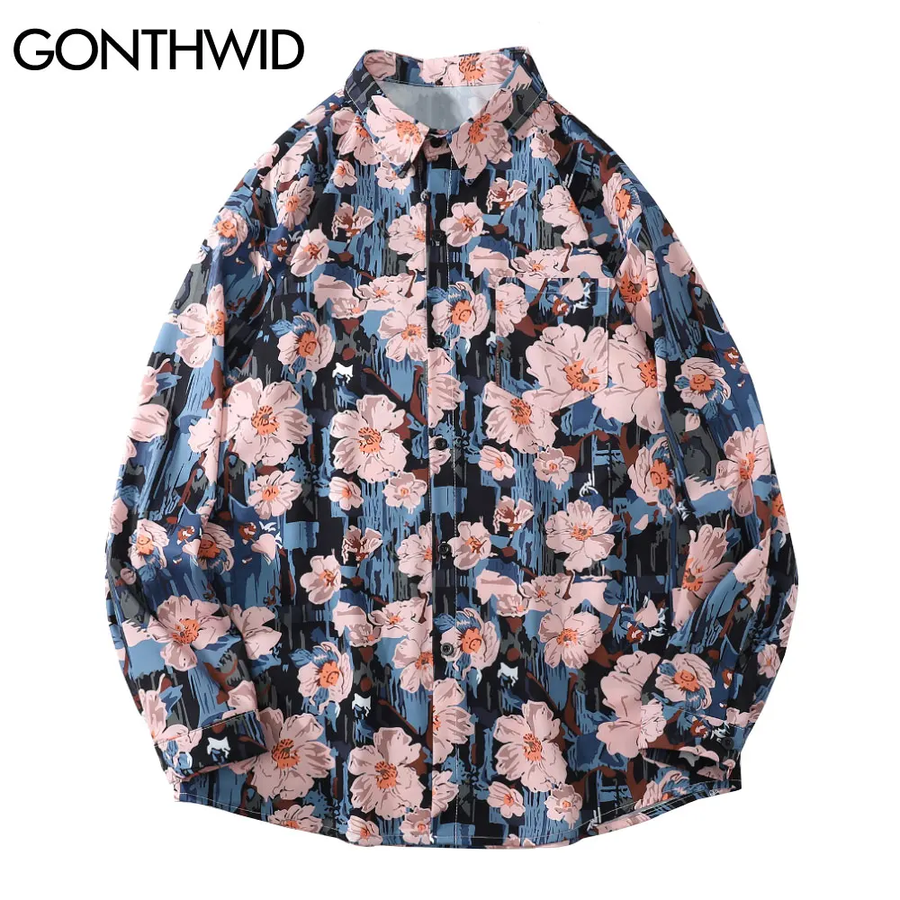 

GONTHWID Shirts Hip Hop Harajuku Graffiti Flowers Floral Print Long Sleeve Shirt Men Fashion Casual Loose Button Streetwear Tops