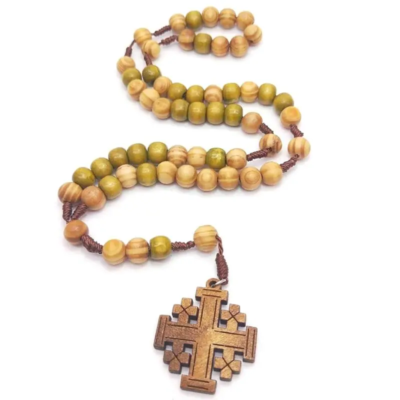 

C5AC Jesus Wooden Prayer Beads 10mm Rosary Cross Necklace Pendant Woven Rope Chain Church Supplies Jewelry Accessories