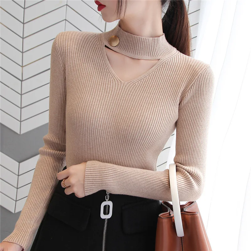

2021 Sweater women pullover slim v-neck warm sweaters knitted korean jumper woman clothes sequined pull femme poleras sueter