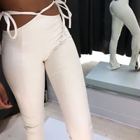 solid color drawstring pencil pants womens autumn pu leather skinny flared pants 2022 popular streetwear womens slim trousers