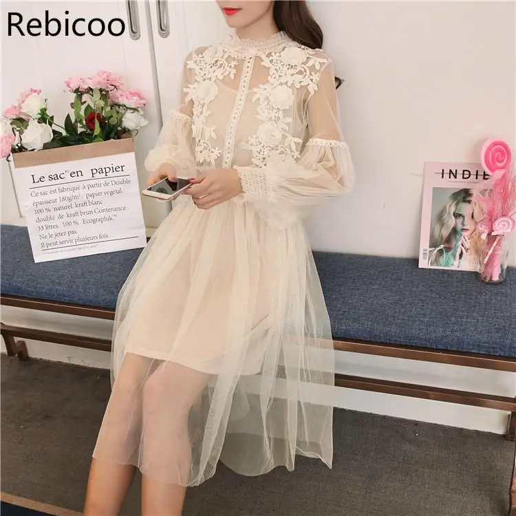 

New Lace Dress Women Sexy dresses Lantern Sleeve High Waist Slim Perspective Gauze party dress vestidos