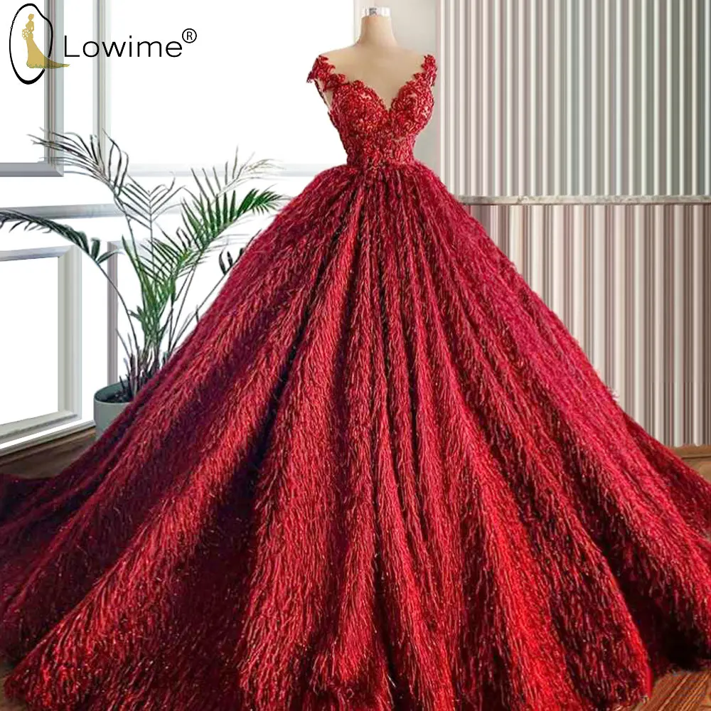 

2020 Luxury Feather Beaded Burgundy Evening Dresses A Line Sheer O Neck Formal Arabic Robe De Soiree Sexy Prom Gowns