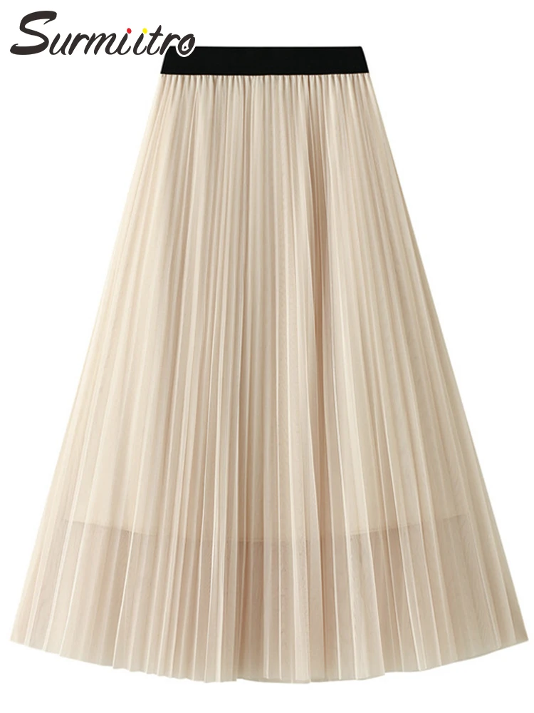 

SURMIITRO трехслойная длинная Плиссированная фатиновая юбка макси для женщин 2021 модная Осенняя сетчатая юбка трапециевидной формы с высокой та...