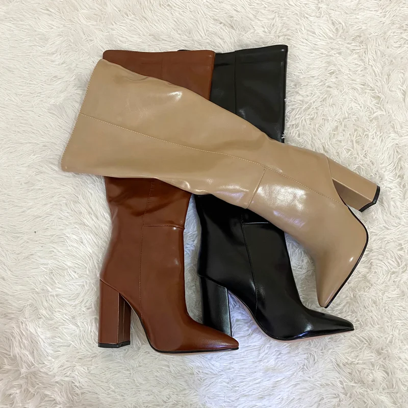 

2020 Band Designer Women Knee High Boots Faux Leather Pointed Toe Boots Women Long Chunky Block High Heel Boots