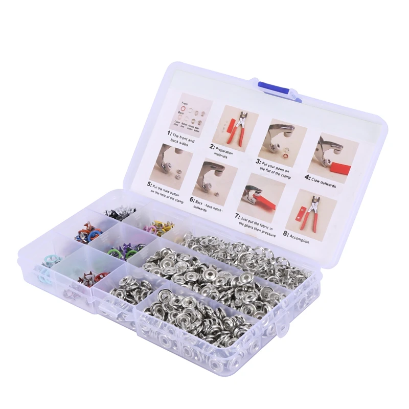 

200 Sets Snap Buttons Rompers Snaps Craft Pliers Tool Prong Buckle Metal Ring Button Snaps Sewing Craft 9.5Mm, 10 Colors