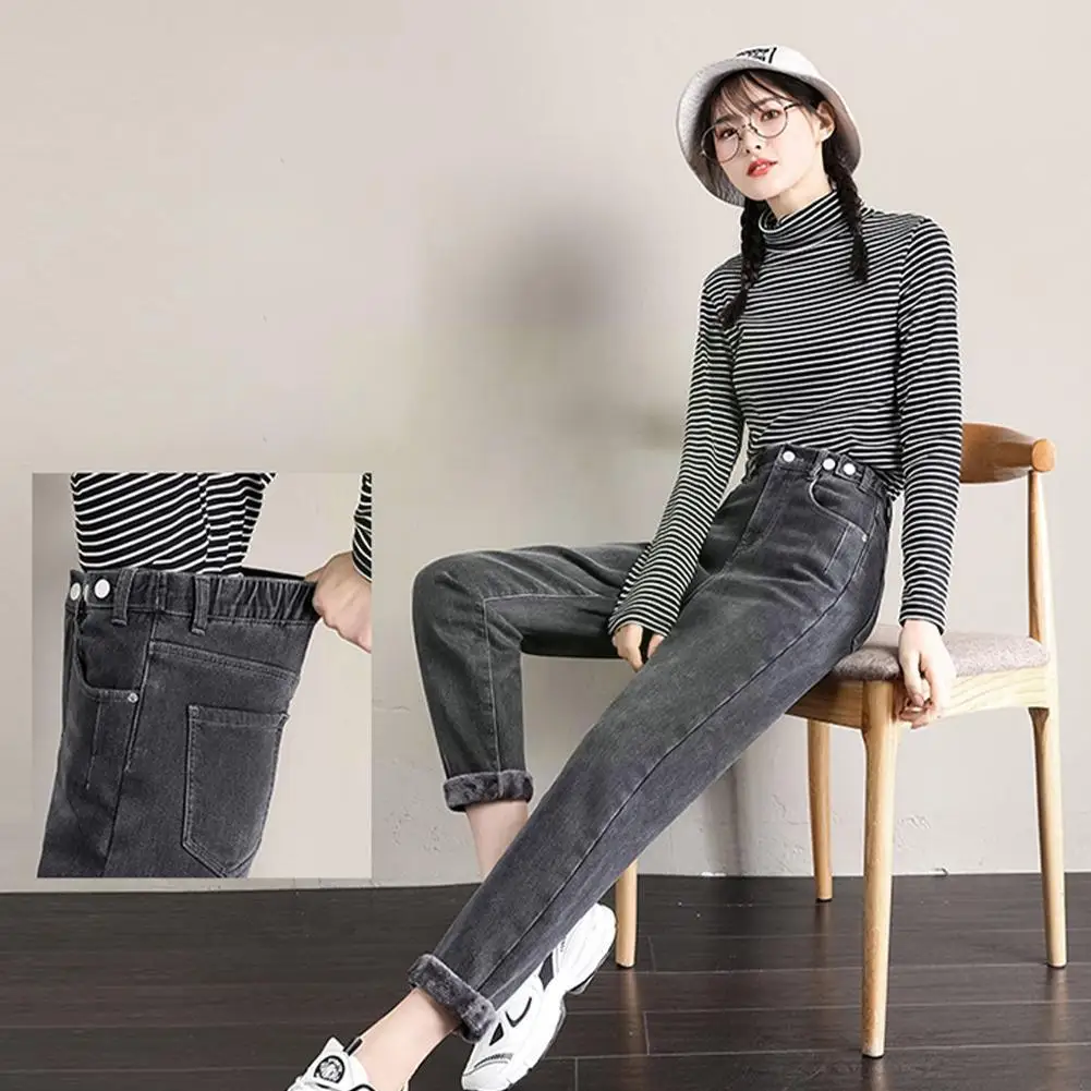 

Women Winter Plus Velvet Jeans Thicken Keep Warm High Daily All-match Casual Jeans Retro Waist Jeans W2i9