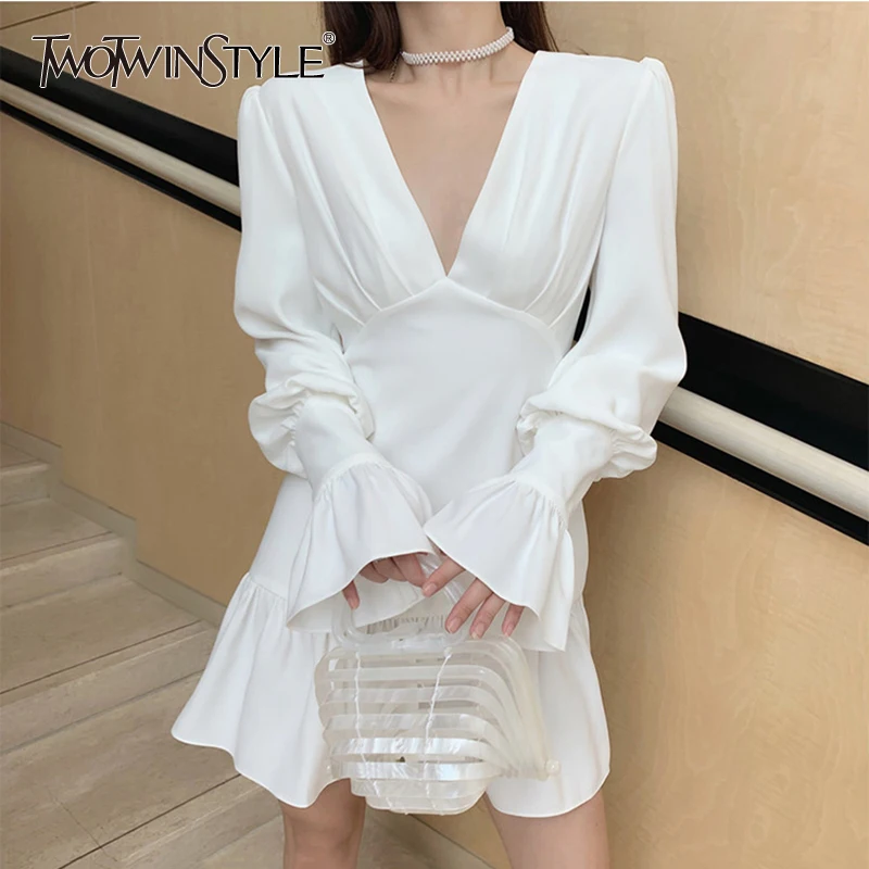 

TWOTWINSTYLE Elegant Sexy Bodycon Women Dress V Neck Lantern Sleeve High Waist Ruffle Mini Dresses Female Autumn 2020 Fashion
