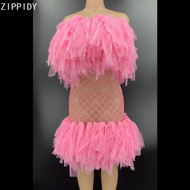 

Розовое Прозрачное платье с бахромой и жемчугом, вечерние платья на день рождения, наряд для танцев, женское Короткое Платье Для латинских т...