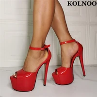 kolnoo new simple style ladies high heeled sandals red patent leather sexy platform wedding prom shoes evening fashion shoes
